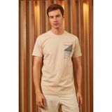 Odelon Erkek Comfort Fit Baskılı Pamuklu Tişört Bej MARS16 - XL