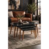 Odera Bendir Siyah Mermer Desenli Orta Sehpa Ve Zigon Sehpa 4'Lü Set Ahşap Torna Ayaklı Modern Salon Sehpası