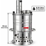 Odunlu Semaver 3,5 Litre Paslanmaz Çelik – Musluklu Bacalı Çay Semaveri Kamp Piknik Bahçe Semaveri - Gümüş