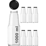 OEM 1000 ml Şeffaf Meyve Suyu Şişesi, Meşrubat, Limonata Şişesi Metal Kapaklı 1000 cc Boş Cam Şişe (6, Siyah Kapak, 1000, Mililitre)