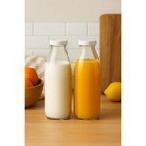 OEM 2 Adet Beyaz Plastik Kapaklı 1 Litre Şeffaf Sürahi Süt, Ayran, Su, Limonata Meşrubat Şişesi Cam Şişe