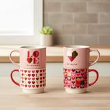 OEM 2'li Istiflenebilir Porselen Kupa Seti - Üst Üste Duran Kalp ve Love Temalı Kule Bardak - 2 Farklı Modelden Biri (Sürpriz/asorti) - Sevgiliye Hediye