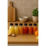 OEM 6 Adet 100 ml Kilitli Siyah Kapaklı Şeffaf Detox Shot Şişesi 100 cc Ginger Şat Beyaz Cam Şişe
