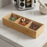 OEM Bambu 3 Bölmeli Kristal Kapaklı Sunumluk, Kuru Meyve, Kuru Yemiş ve Drajeleriniz Için 3 Bölmeli Dikdörtgen Sunum Tepsisi ve Tabağı 30CM*10CM*6,5CM