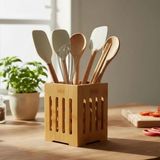 OEM Küçük Boy Doğal Bambu Kaşıklık - Hasır Örgü Tasarımlı Çatal Kaşık Düzenleyici Tezgah Üstü ve Sofra Sunum Sepeti Organizer (14 x 10 Cm)