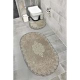 OEM Milas Kaymaz Taban, Kadife Dantel Detaylı 2'li Süper Lüks Oval Banyo Paspası Seti, Koyu Kahverengi