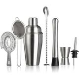 OEM Paslanmaz Çelik Kokteyl Shaker Seti, Karıştırma Kaşığı, Süzgeç, Jigger, Muddler ve Likör Döküm Ucu Dahil 500 ml - Gümüş