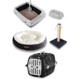 OEM Premium Kedi Başlangıç Seti - Açık Kedi Tuvaleti, Taşıma Sepeti, Peluş Simit Yatak, Tırmalama Tahtası, Ikili Mama Kabı, Kürek - At8