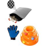 OEM Tower Of Tracks Kedi Oyuncağı + Kedi Tüy Toplama Eldiveni+Elekli Kedi Tuvalet Paspası (Gri) 3 Lü