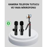 OEMTR Kablosuz Çift Yaka Mikrofonu ve Tripodlu Selfie Çubuğu Içerik Üretici Seti - Çok Renkli