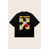 Off White Unisex %100 Organik Pamuklu Kalın Dokulu Oversize Bisiklet Yakalı T-Shirt - Siyah - XL