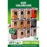 OFFBOX 12 Adet 24 Parça 1,2 Litre Kare Erzak Bakliyat Saklama Kabı Seti Baharatlık 20 Adet Etiket Hediyeli