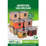 OFFBOX 12 Li Dikdörtgen Erzak Bakliyat Saklama Kabı Baharatlık Seti 1,2 Litre 40 Etiket Hediyeli
