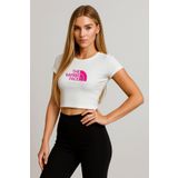 OFFSIDESIGN Kadın Beyaz Crop Tişört The Barbie Face Pembe Baskılı Penye Crop Kısa Bel Kısa Kollu Yazlık Tişört