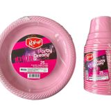 Ofis Catering Piknik Davet Doğum Günü Omeyva Sofra Seti - 25 Kişilik Pembe Tabak Bardak Takımı