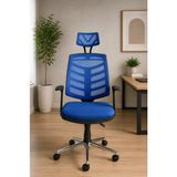 Ofiscore Ergonomik Mavi Başlıklı Ofis Koltuğu – Fileli Yönetici ve Çalışma Koltuğu, Krom Ayaklı Home Office Bilgisayar Koltuğu