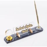 Ofistike Kristal Masaüstü İsimlik ve Kartvizitlik – Altın Renk, Dünya Biblolu, Kabartma Yazılı, 24x12 cm Ofis Aksesuarı