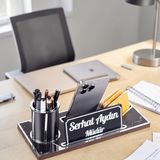 Ofistike Lora Gümüş Renk Ahşap Masa Organizeri Mermer Desenli Hediye Ofis Dekoratif Masa Üstü Isimlik