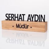 Ofistike Masif Kayın Ahşap Masa İsimliği Masaüstü İsimlik Standı Siyah Akrilik Masa İsimliği
