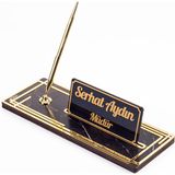 Ofistike Mermer Desenli Ahşap Masa Isimliği Gold Kalemli 28x12cm Ofis İçin Şık Hediye