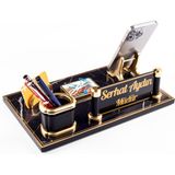 Ofistike Opus Gold Renk Mermer Desenli Ahşap Masa İsimliği 32x20 cm Ofis Hediye Seti