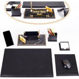 Ofistike Pera Siyah Deri Sümen Takımı 6 Parça Gold Mermer Desen 50x35 cm Ahşap İsimlik Seti