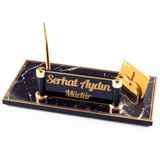 Ofistike Piano Mermer Desen Ahşap Gold Kalemli Masa Isimliği Ofis Masaüstü Isimlik Seti Ekonomik Iş Hediyesi