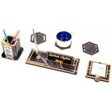 Ofistike Retro Gold Kalemli Ataçlı Ahşap Masa İsimliği Bardak Altlığı Kalemlik Notluk İsimlik Masa Seti