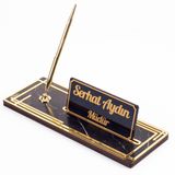 Ofistike Space Gold Kalemli Ahşap Masa İsimliği Mermer Desenli Hediye Ofis Dekoratif Masa üstü İsimlik