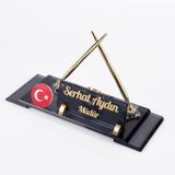 Ofistike Türk Bayraklı Masa Isimliği Bayrak Logolu Elit Kristal Ofis Masaüstü Isimlik