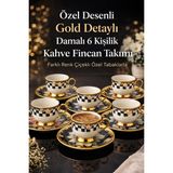 Ogeda Home Balsa Porselen Gold Ayaklı Renkli Tombul Dama Desenli 6’lı Türk Kahve Fincan Takımı - Siyah - Beyaz - Altın