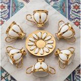Ogeda Home Buenos 6'lı Gold Lüks Fincan Takımı-6'lı Vintage Esintili Fincan Takımı-Lüks Porselen Fincan Seti - Beyaz - Altın