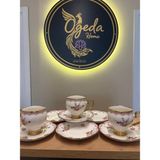 Ogeda Home Çiçek Desenli 6 Kişilik Porselen Kahve Fincanı Takımı – Gold Ayaklı Çiçekli Türk Kahvesi Fincan Seti - Beyaz - Lila