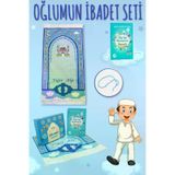 Oğlumun İbadet Seti Erkek Çocuk İsimli Seccade, Kuran Öğreniyorum Elifba Kitabı Seti Mavi