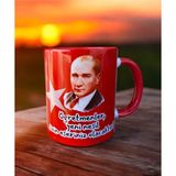Öğretmenler Günü Atatürk Hediyelik Kupa-Öğretmen Hediye Tasarım Porselen Kupa - Kırmızı - 330 ml