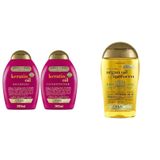 OGX Keratin Oil Kırılma Karşıtı Sülfatsız 2x385 ml Şampuan + OGX 100 ml Argan Oil Of Morocco Saç Bakım Yağı