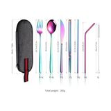 Ohbe Express 8 Parça Çantalı Yolculuk Çatal Bıçak Kaşık Pipet Chopstick Seti Kamp Okul Ofis Tatil Paslanmaz Çelik Renkli - 01P-Pembe