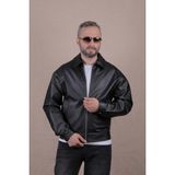 Ohepmoda Oversize Rahat Kalıp Düz Erkek Deri Ceket - Siyah