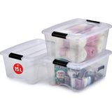 Ohyama, 3'lü Set Istiflenebilir Saklama Kutusu, Klik Kilitli – New Top Box Ntb-15 – Plastik, Şeffaf, 3 x 15 L, U 39,5 x G 29 x Y 18,6 cm