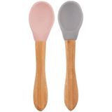Oioi 2'li Silikon Mama Kaşığı 6+ Ay Bambu Saplı Gri ve Pembe Renkli Hassas Uç