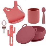 Oioi 6'lı Set Kase Bordo, Bardak Bordo, Kaşık Bordo, Püre Bordo, Diş Kaşıyıcı Bordo, Önlük Bordo