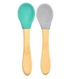 Oioi Aqua Green-Powder Grey Bambu Saplı Silikon 2'li Mama Kaşığı
