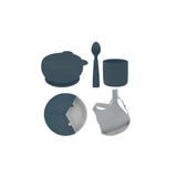 OiOi Beslenme Seti, Deep Blue/Powder Grey, Vakumlu Kase, Puzzle Tabak, Kaşık, Bardak, Silikon Önlük