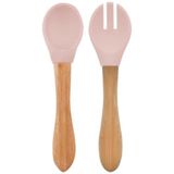 Oioi Pembe Mama Kaşığı Çatal Seti 9+ Ay Yumuşak Silikon Uç ve Doğal Bambu Sap ile Ergonomik Tasarım