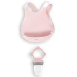 OiOi Püre Pinky Pink Powder Grey Mama Önlüğü, Silikon Beslenme Seti 2'li