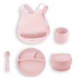 OiOi Silikon Beslenme Seti 5'li, Pembe, Mama Önlüğü, Porsiyon Tabak, Kapaklı Kase, Mini Bardak, Mama Kaşığı