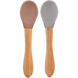 Oioi Woody Brown-Powder Grey Bambu Saplı Silikon 2'li Mama Kaşığı