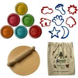 Okapi Doğal Oyun Hamuru Eğitici Oyuncak ve Başlangıç Seti 6X125 Gram Bez Çanta, Ahşap Masa ve Merdaneli - Renkli