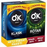 Okey O.K. Klasik ve Rötar 20'li Prezervatifler Ekonomik Paket 40'lı Kolay Takılan ve Geçiktirici Etkili