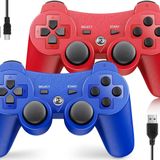 OKHAHA Controller 2 Pack for PS3 Wireless Controller for Sony Playstation 3, Double Shock 3, Bluetooth, Rechargeable, Motion Sensor, Remote for PS3 (With Stripes(Blue + Red))